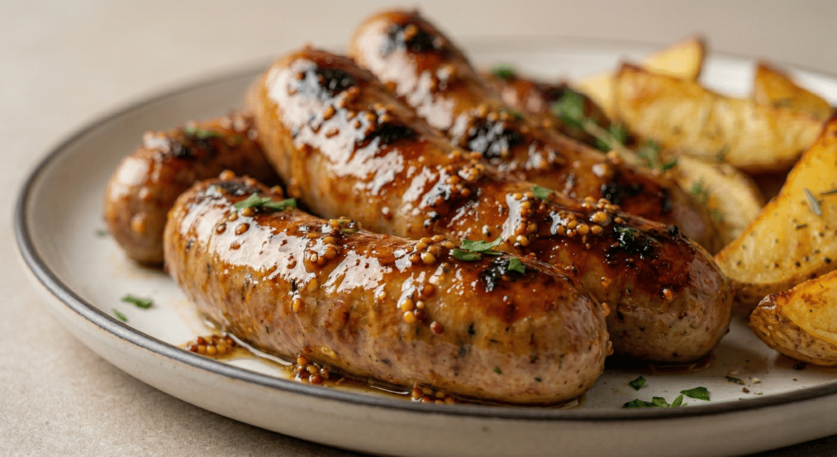 Saucisses de Toulouse à la moutarde, miel et pommes de terre