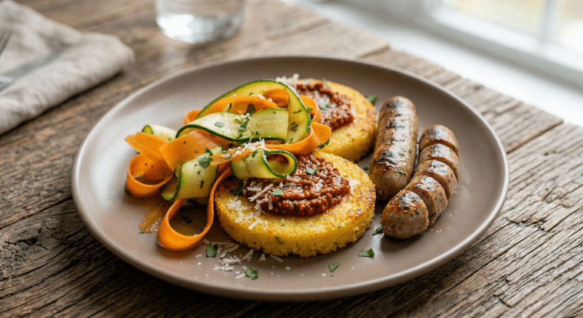 Galette de polenta et ses petits légumes aux saucisses des saveurs