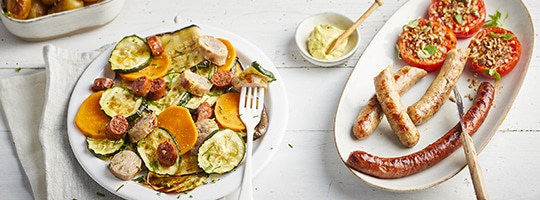 Saucisse et merguez avec ses patates douces et légumes grillés