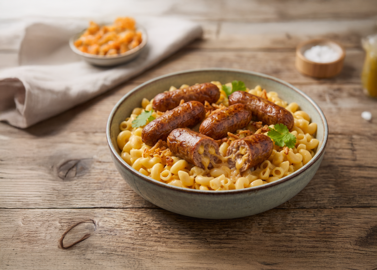 Mac & cheese express avec mini saucisses fumées au cheddar